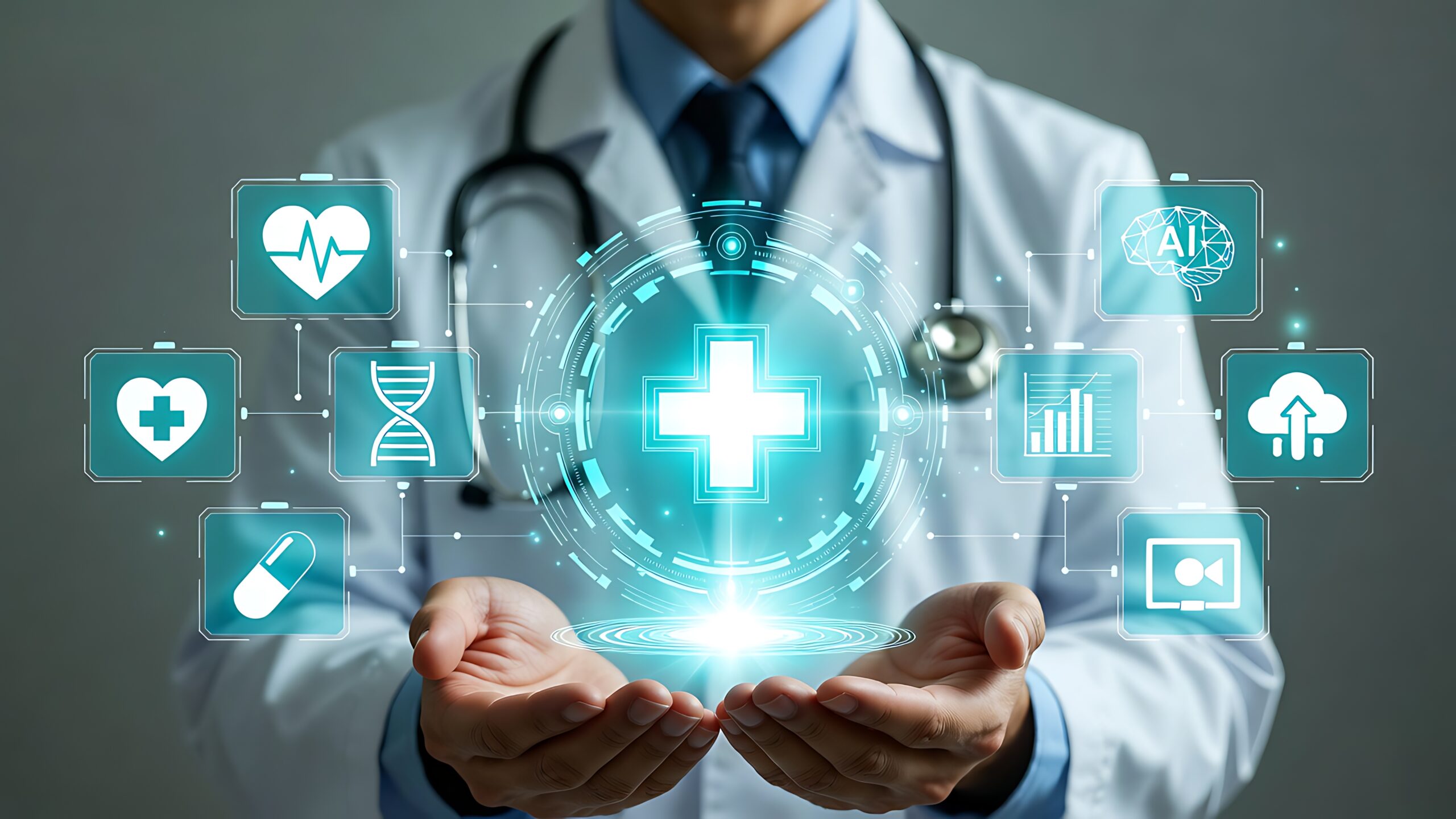 A doctor in a white coat with a stethoscope holds out cupped hands; above them, a glowing medical cross symbol is surrounded by digital healthcare icons, representing modern medical technology and healthcare innovation.